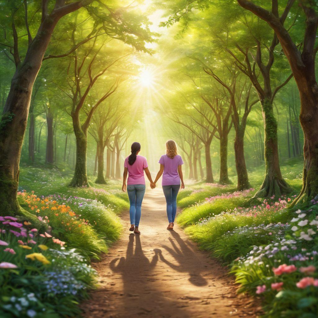 A serene pathway through a lush green forest, illuminated by soft sunlight filtering through the leaves, symbolizing hope and healing. Alongside the path, diverse figures holding hands, representing community support and empowerment. Incorporate visual elements such as cancer awareness ribbons intertwined in tree branches and blooming flowers with uplifting colors. super-realistic. vibrant colors. soft focus.