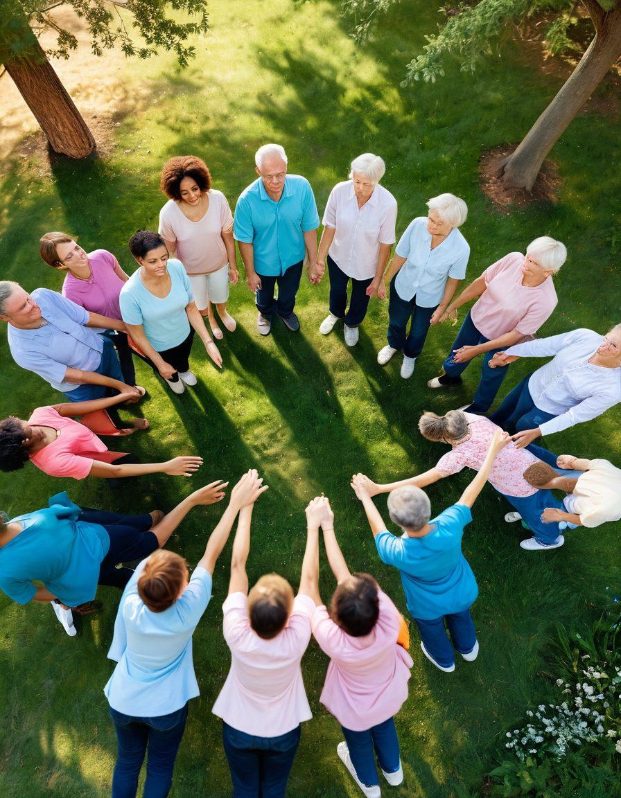 A diverse group of people of all ages and backgrounds holding hands in a circle, symbolizing unity and support in a healing environment. Soft light streaming through trees, with a backdrop of a peaceful park setting. Incorporate elements like pastel-colored ribbons, flowers, and supportive signs representing cancer advocacy. Capture the warmth of community spirit and connection. super-realistic. vibrant colors. peaceful atmosphere.