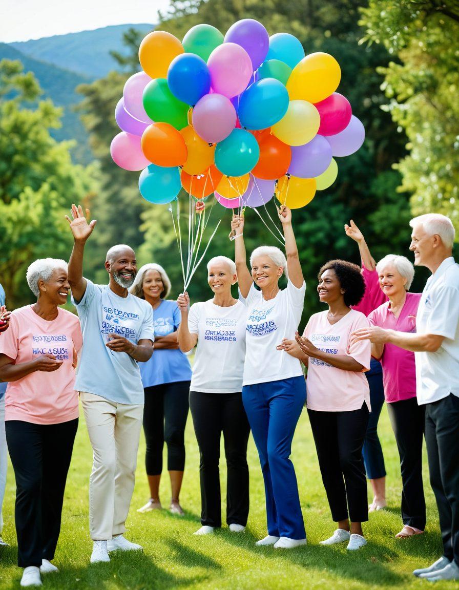 A compassionate scene depicting a diverse group of cancer survivors celebrating together, holding colorful balloons, and displaying motivational signs. In the background, healthcare professionals are shown discussing treatment options with patients, surrounded by symbols of wellness like yoga mats, healthy food, and natural landscapes. The atmosphere is uplifting and hopeful, capturing the essence of resilience and support. bright colors. soft focus. inspirational.